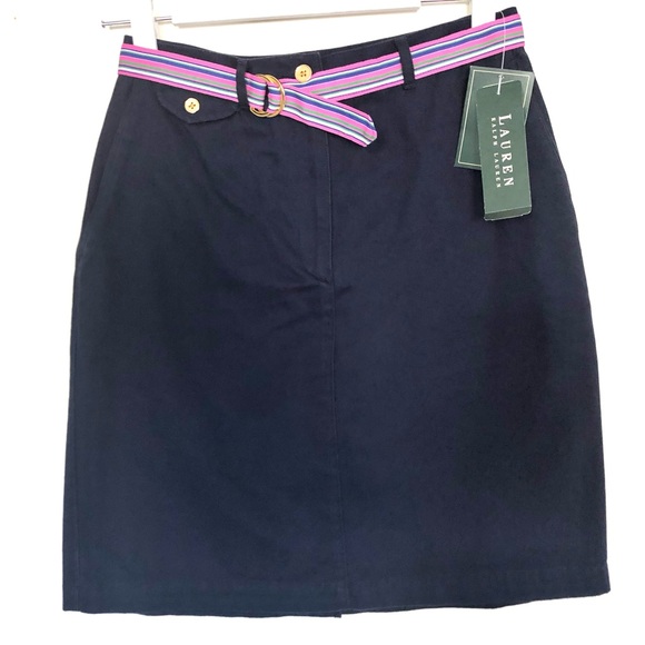 NEW Ralph Lauren Navy Blue Cotton Skirt Multicolored Belt Women’s Size 6 - Picture 1 of 6